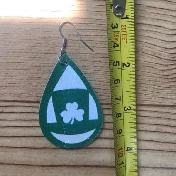 St. Patrick's Day Shamrock Earrings Green Teardrop Faux Leather Dangle Earrings - Picture 4 of 6